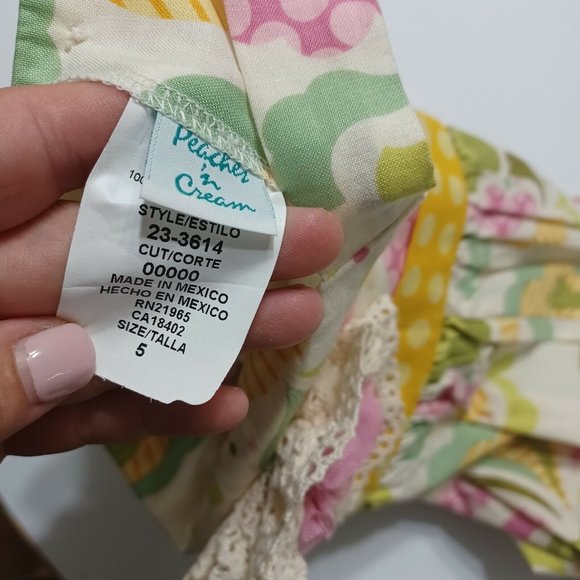 Peaches 'N Cream Girls 5 Dress BYellow Floral Lace Button Bow Tie 100% Cotton - Picture 6 of 12